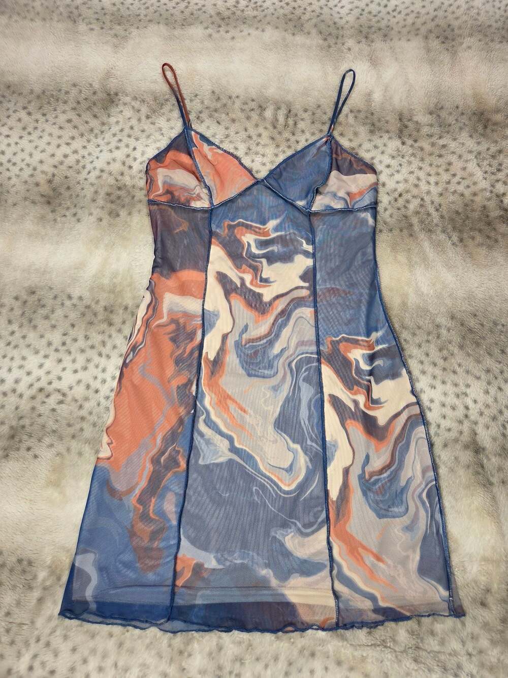 Bershka Y2K Sheer Mesh Marble Print Slip Dress Abstract Swirl